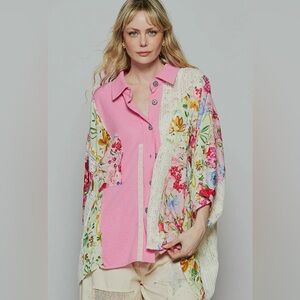 POL Gorgeous Oversized Floral Patchwork Button-Up Shirt